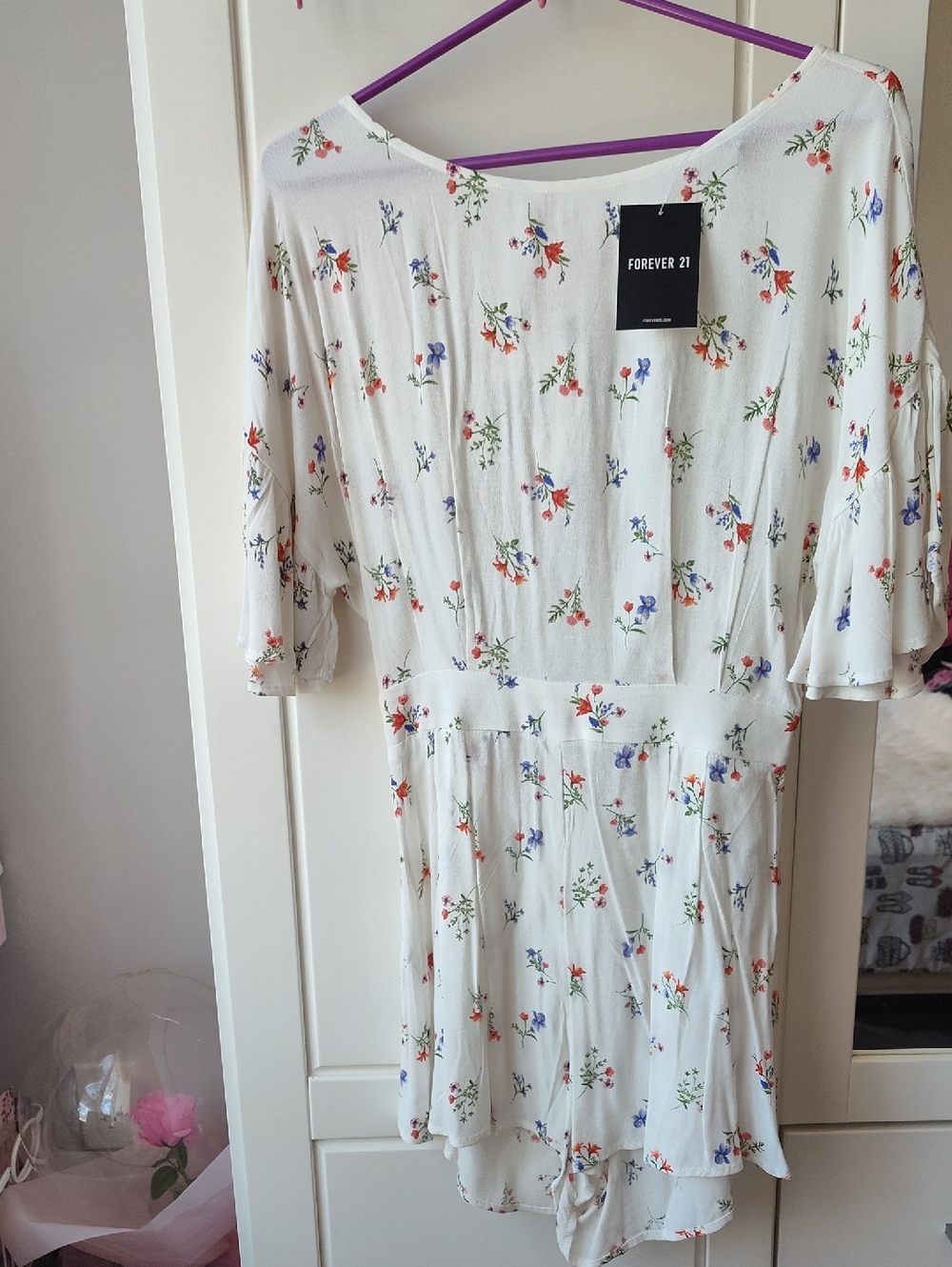 Forever 21 White Open Back Romper with Red & Blue Floral Print